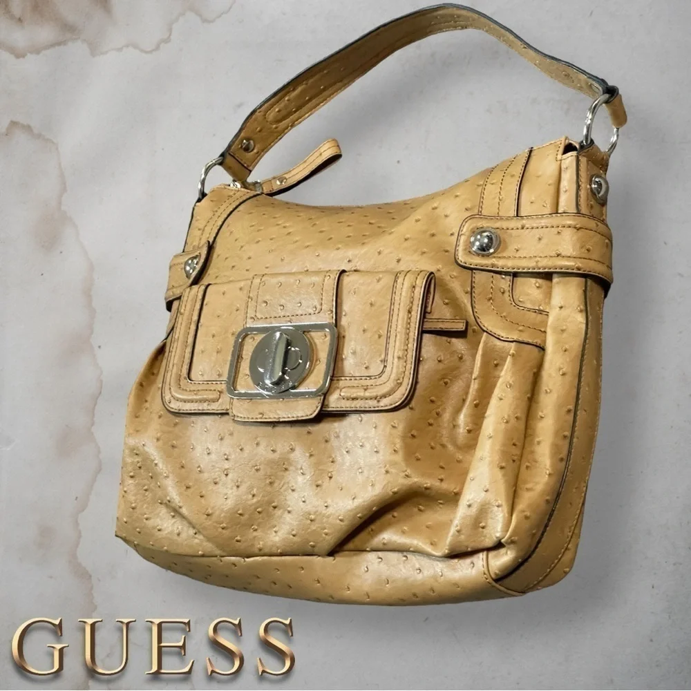 GUESS Enchanted Faux Ostrich Leather Tan and Silver Hobo Bag